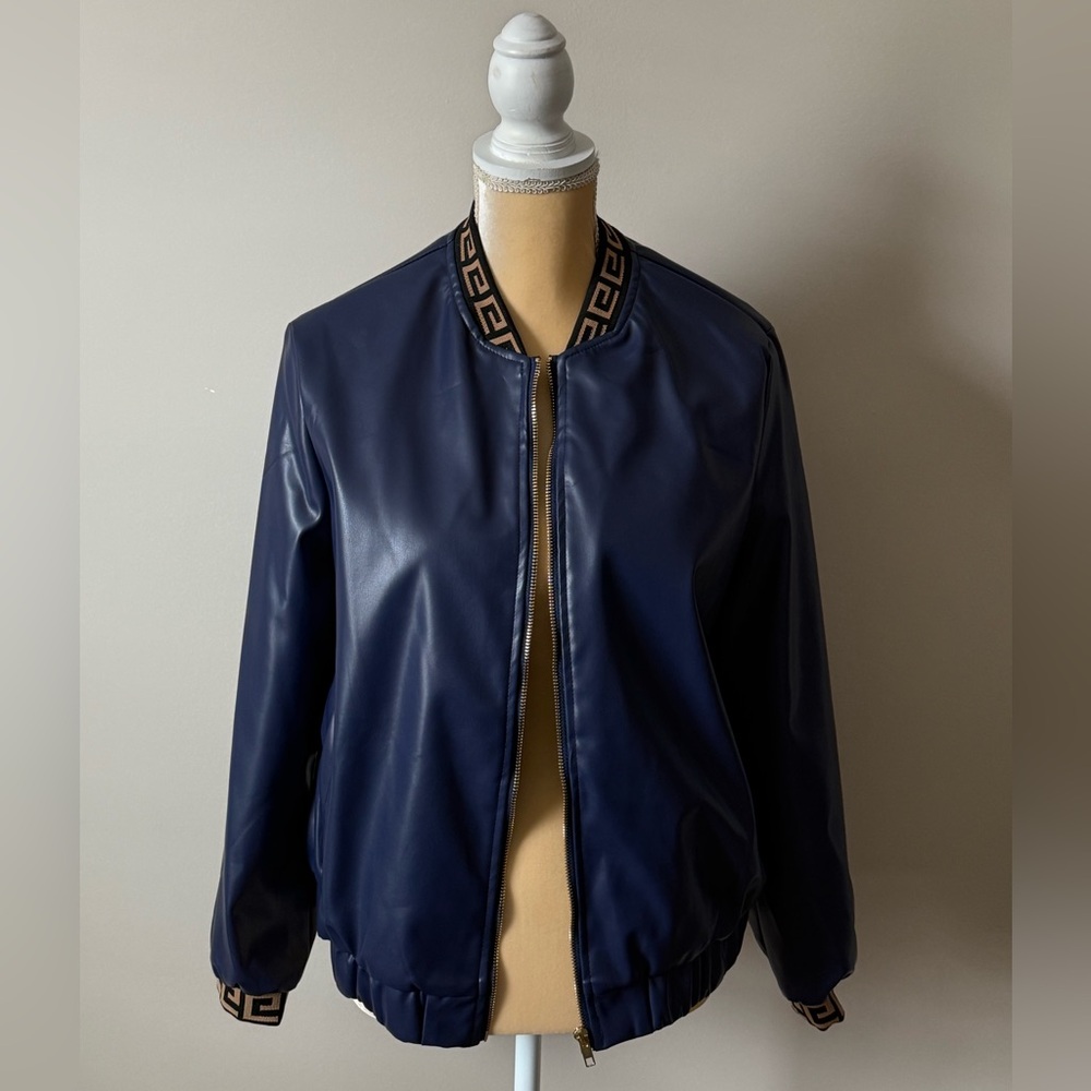 Navy Blue Faux Leather Jacket with Patterned Trim